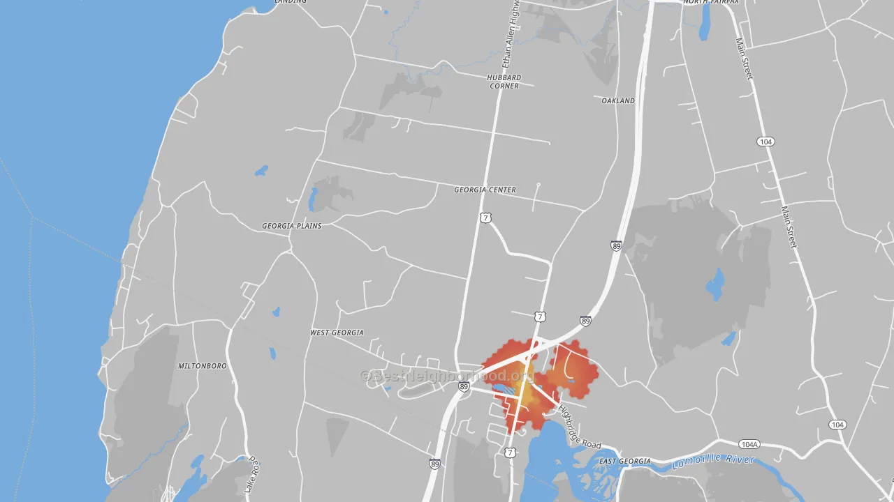 Walk Grade map of Georgia, VT, walkable areas in green and car-dependent areas in red