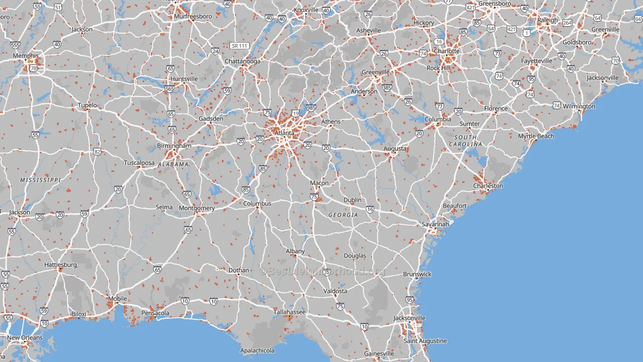 Walk Grade map of Georgia, walkable areas in green and car-dependent areas in red
