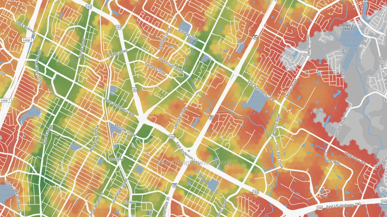 Walk Grade map of Georgian Acres, Austin, TX, walkable areas in green and car-dependent areas in red
