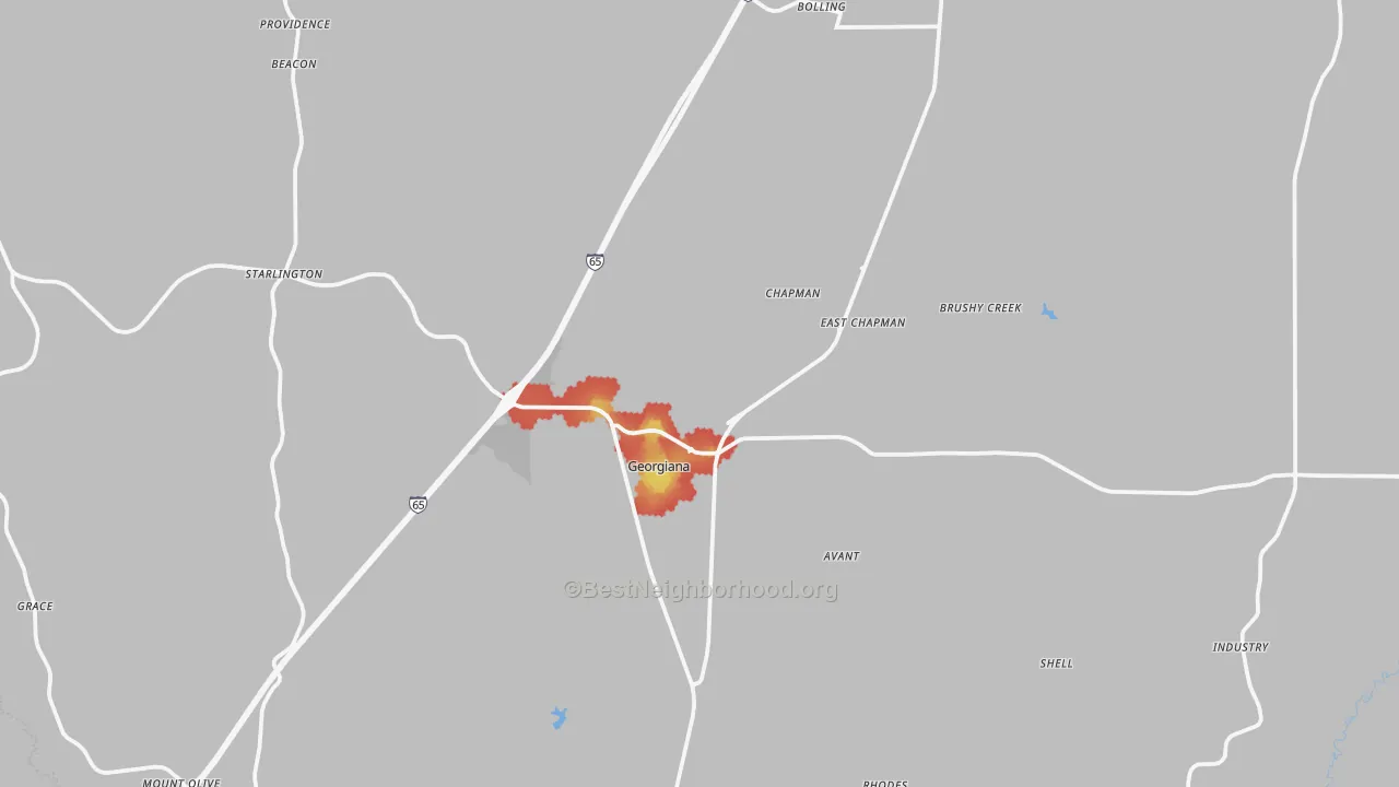 Walk Grade map of Georgiana, AL, walkable areas in green and car-dependent areas in red