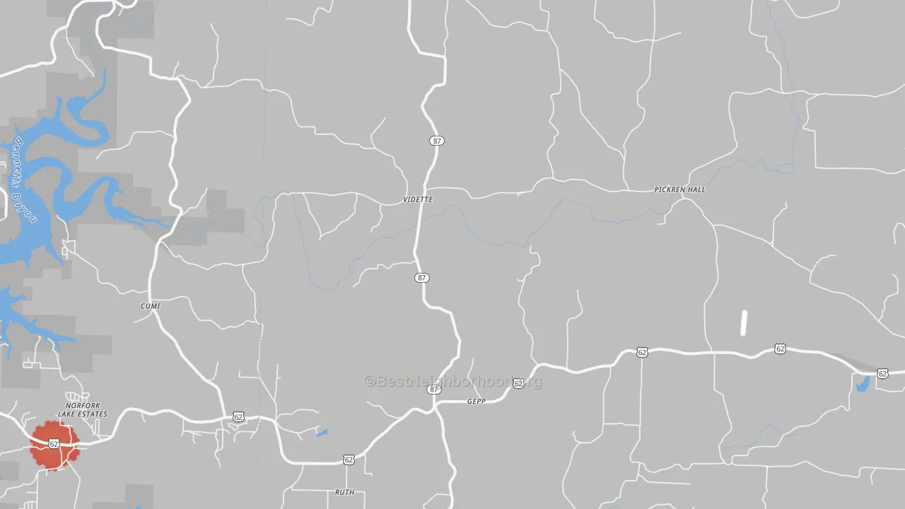 Walk Grade map of Gepp, AR, walkable areas in green and car-dependent areas in red