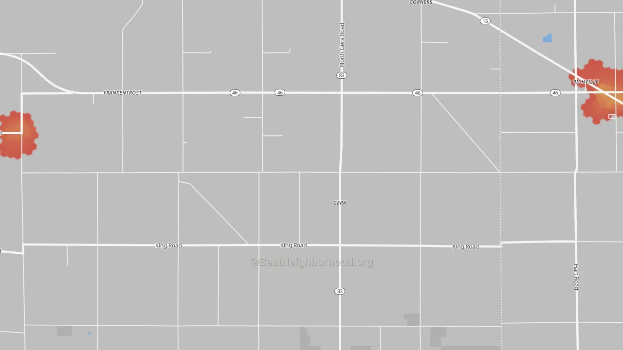 Walk Grade map of Gera, MI, walkable areas in green and car-dependent areas in red