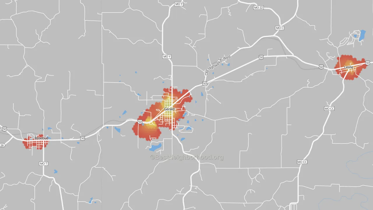 Walk Grade map of Gerald, MO, walkable areas in green and car-dependent areas in red