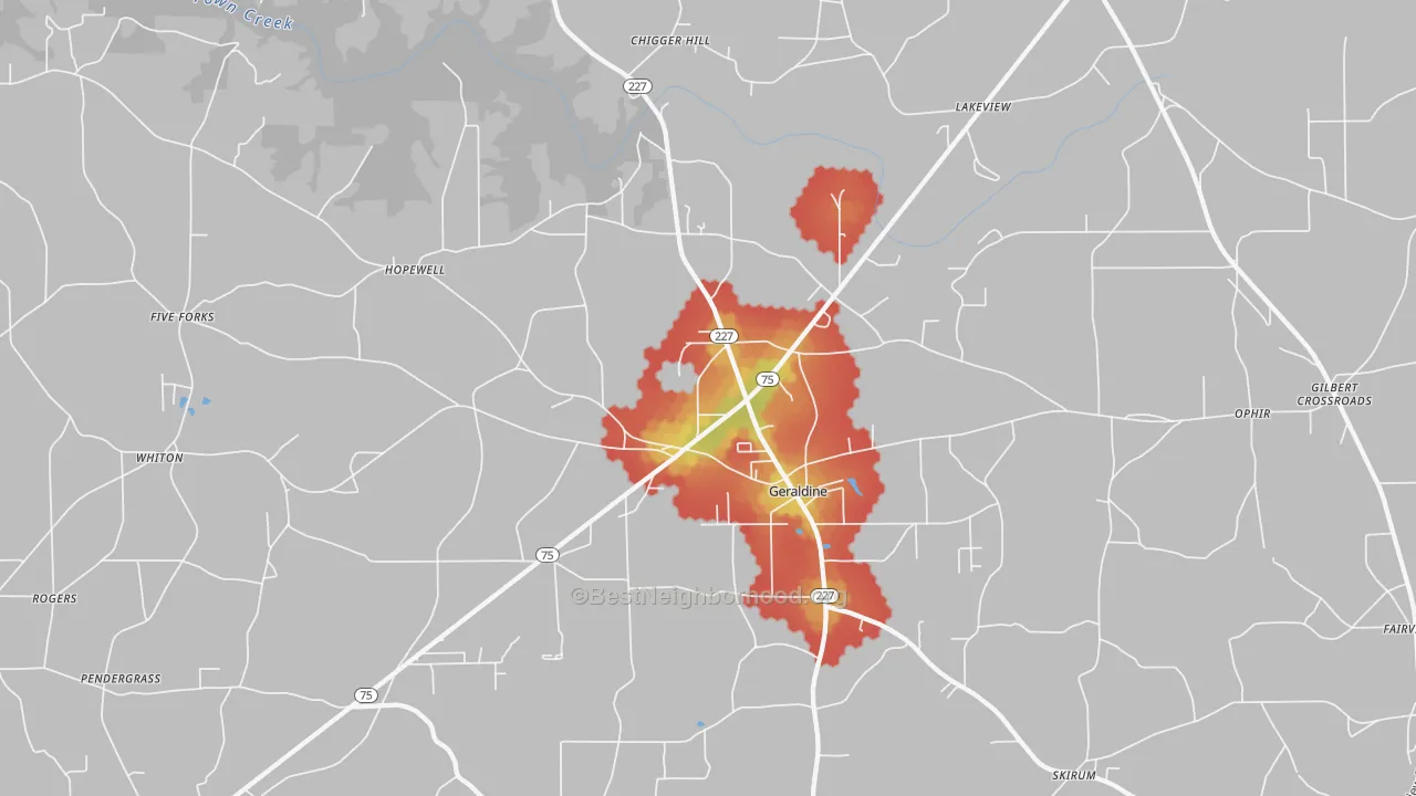 Walk Grade map of Geraldine, AL, walkable areas in green and car-dependent areas in red