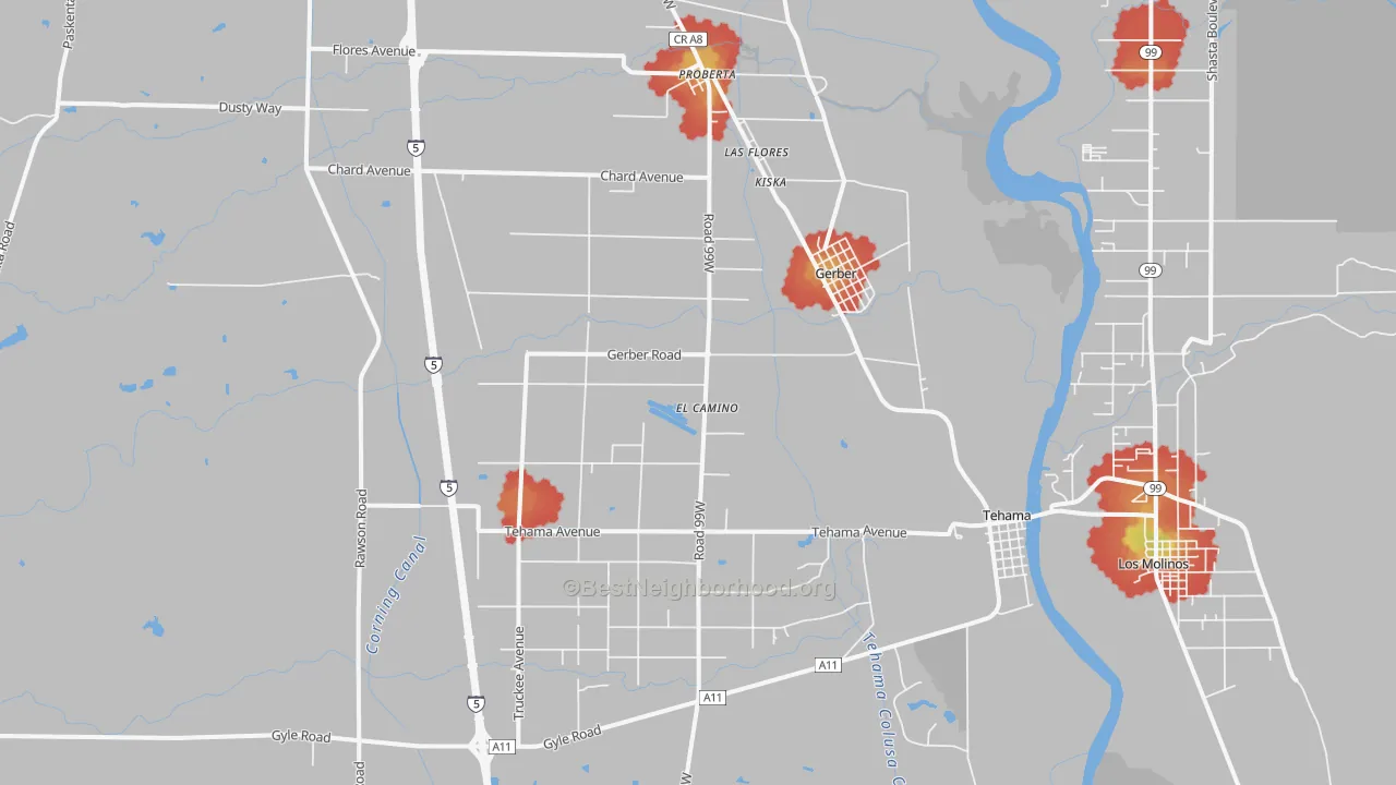 Walk Grade map of Gerber, CA, walkable areas in green and car-dependent areas in red