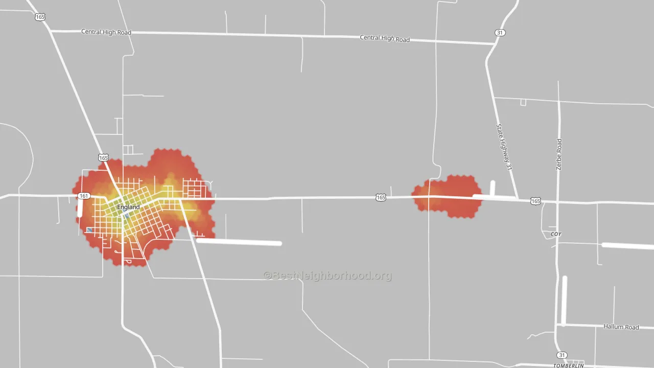 Walk Grade map of Geridge, AR, walkable areas in green and car-dependent areas in red