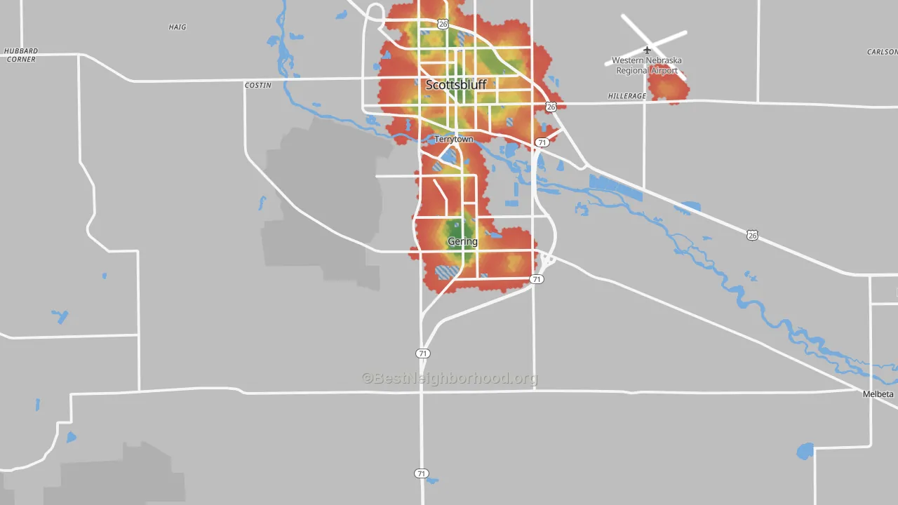 Walk Grade map of Gering, NE, walkable areas in green and car-dependent areas in red