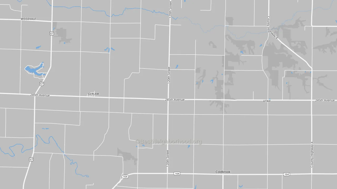 Walk Grade map of Gerlaw, IL, walkable areas in green and car-dependent areas in red