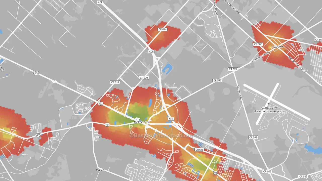 Walk Grade map of Germania Gardens, NJ, walkable areas in green and car-dependent areas in red