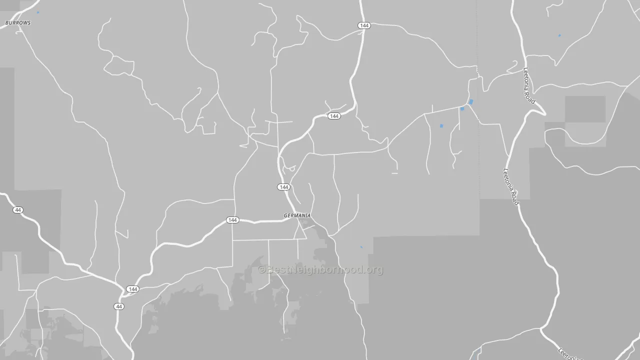 Walk Grade map of Germania, PA, walkable areas in green and car-dependent areas in red