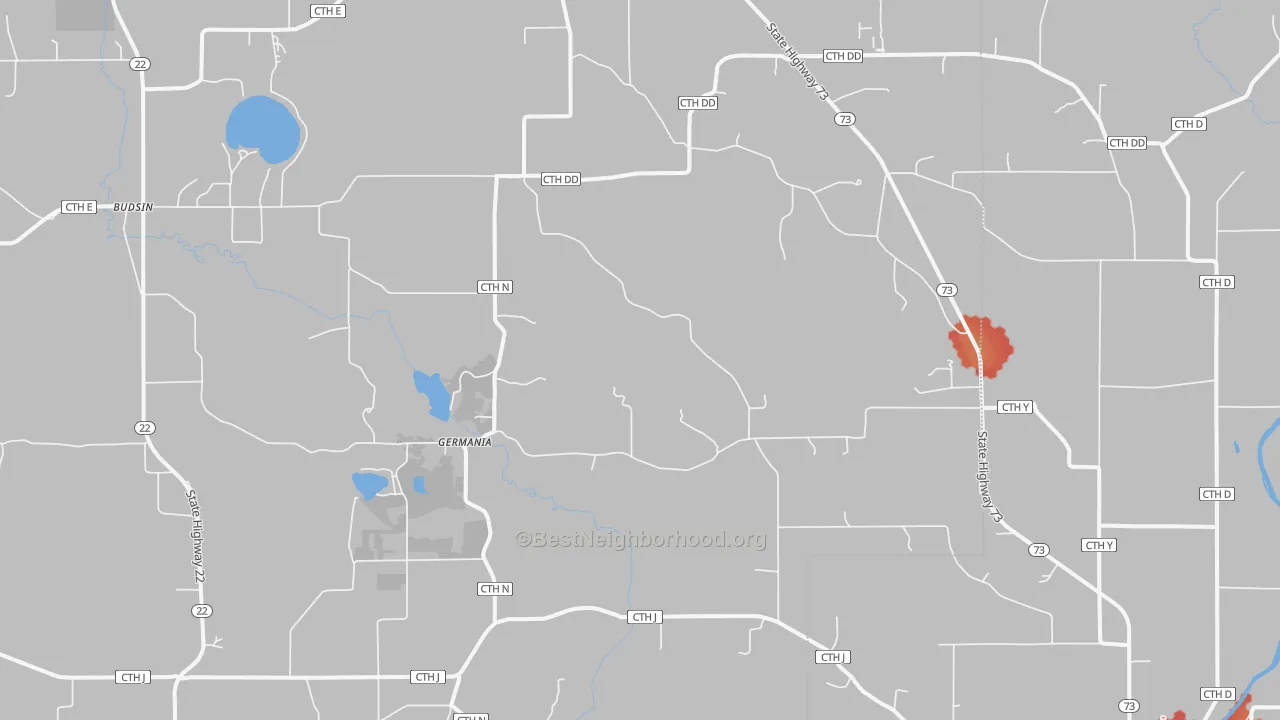 Walk Grade map of Germania, WI, walkable areas in green and car-dependent areas in red