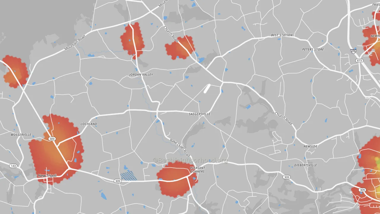 Walk Grade map of Germansville, PA, walkable areas in green and car-dependent areas in red