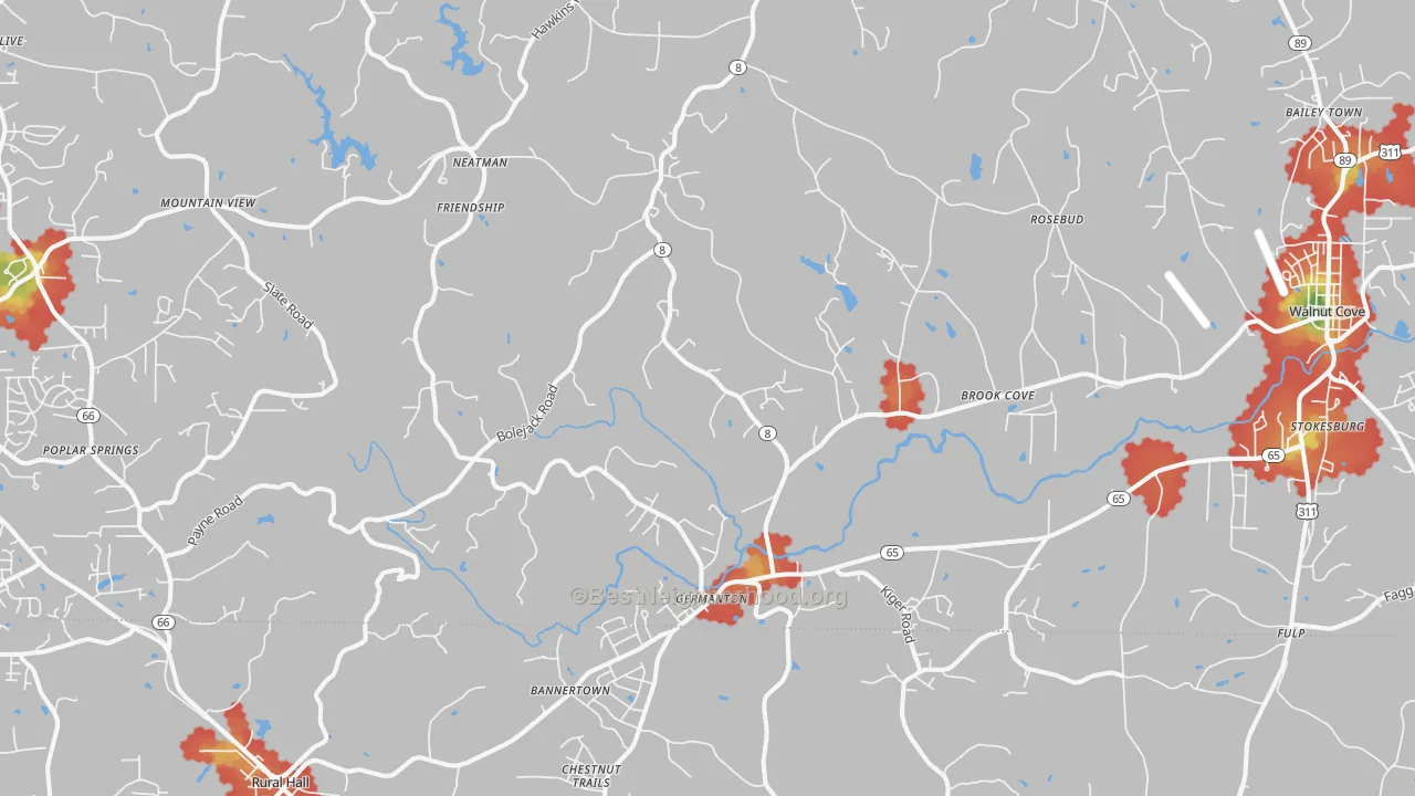 Walk Grade map of Germanton, NC, walkable areas in green and car-dependent areas in red