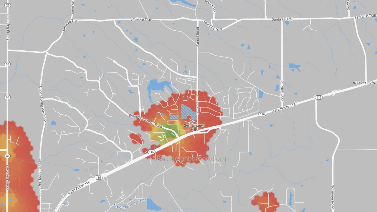 Walk Grade map of Germantown Hills, IL, walkable areas in green and car-dependent areas in red