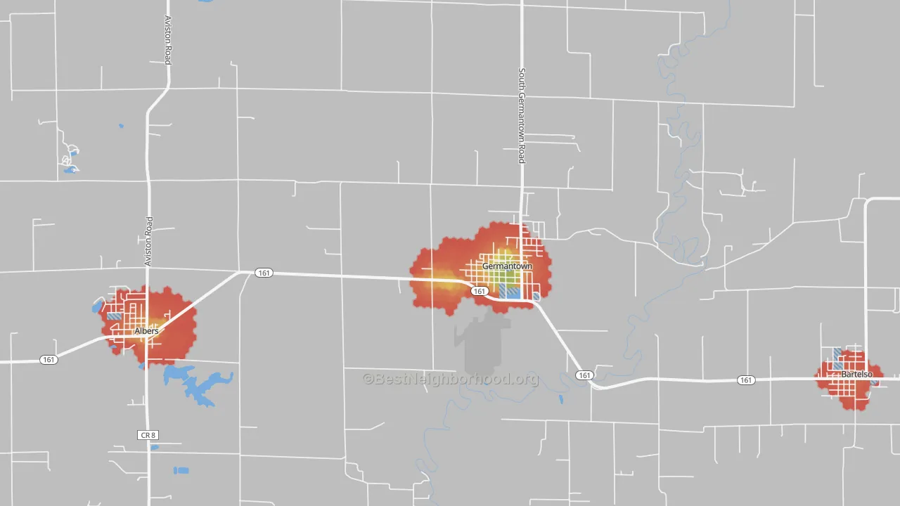 Walk Grade map of Germantown, IL, walkable areas in green and car-dependent areas in red