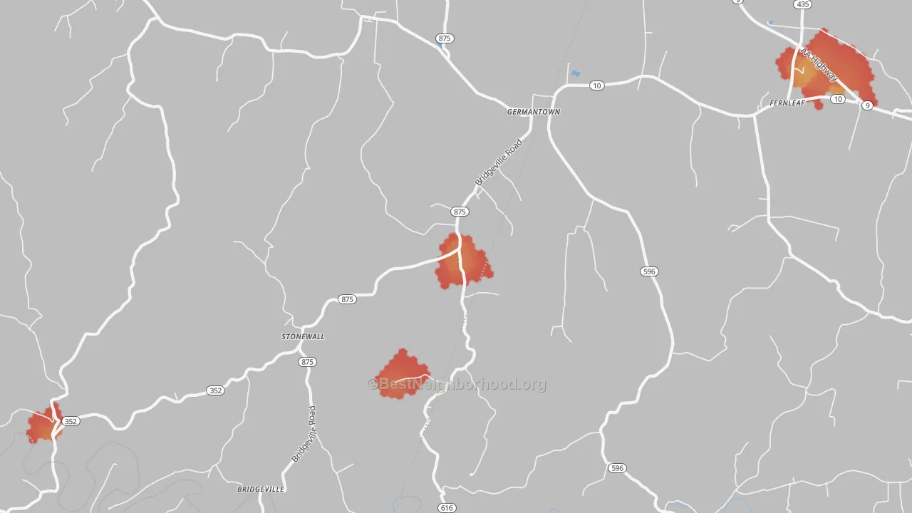 Walk Grade map of Germantown, KY, walkable areas in green and car-dependent areas in red