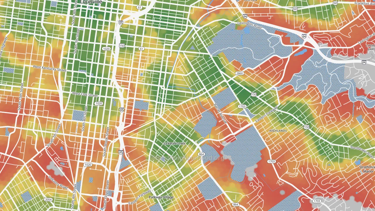 Walk Grade map of Germantown, Louisville, KY, walkable areas in green and car-dependent areas in red