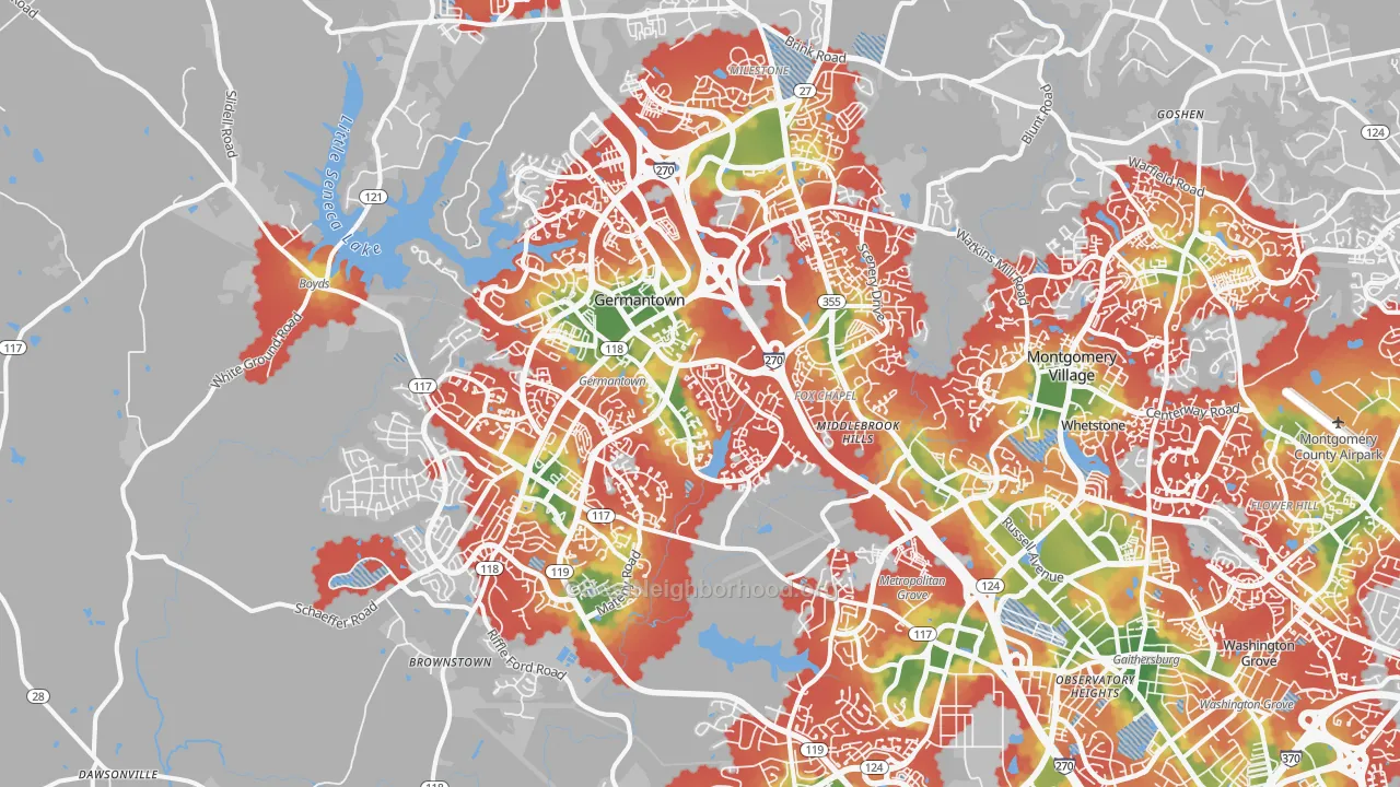 Walk Grade map of Germantown, MD, walkable areas in green and car-dependent areas in red