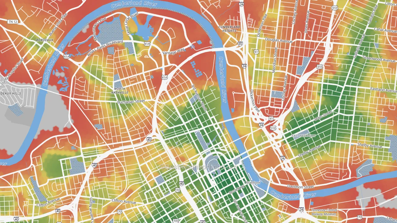 Walk Grade map of Germantown, Nashville, TN, walkable areas in green and car-dependent areas in red