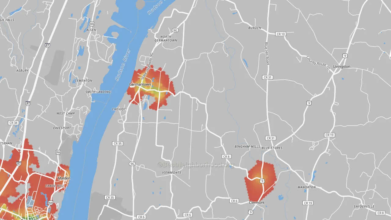 Walk Grade map of Germantown, NY, walkable areas in green and car-dependent areas in red