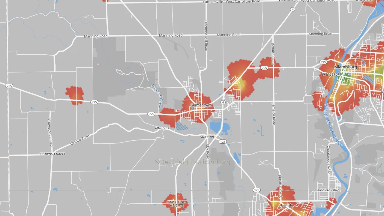 Walk Grade map of Germantown, OH, walkable areas in green and car-dependent areas in red