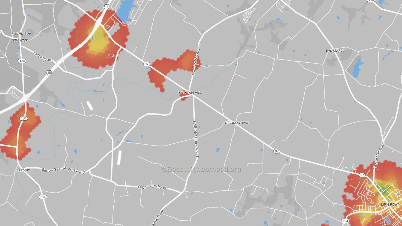 Walk Grade map of Germantown, PA, walkable areas in green and car-dependent areas in red