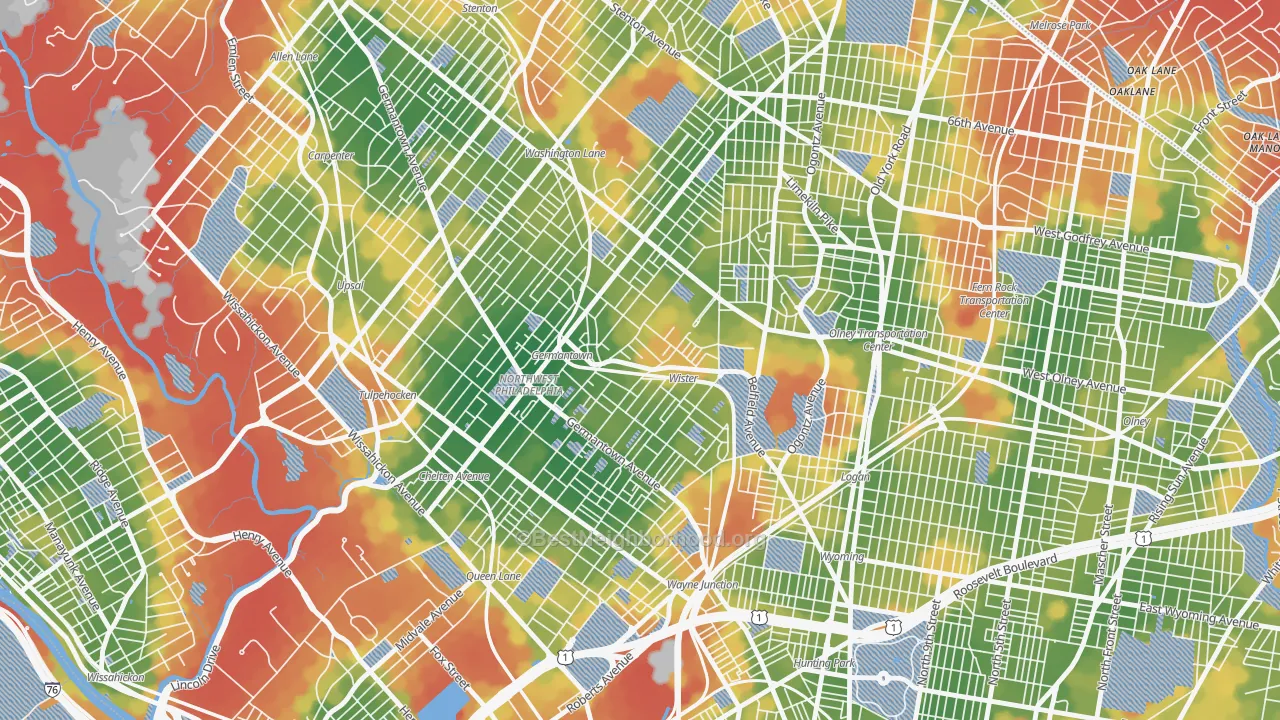 Walk Grade map of Germantown, Philadelphia, PA, walkable areas in green and car-dependent areas in red