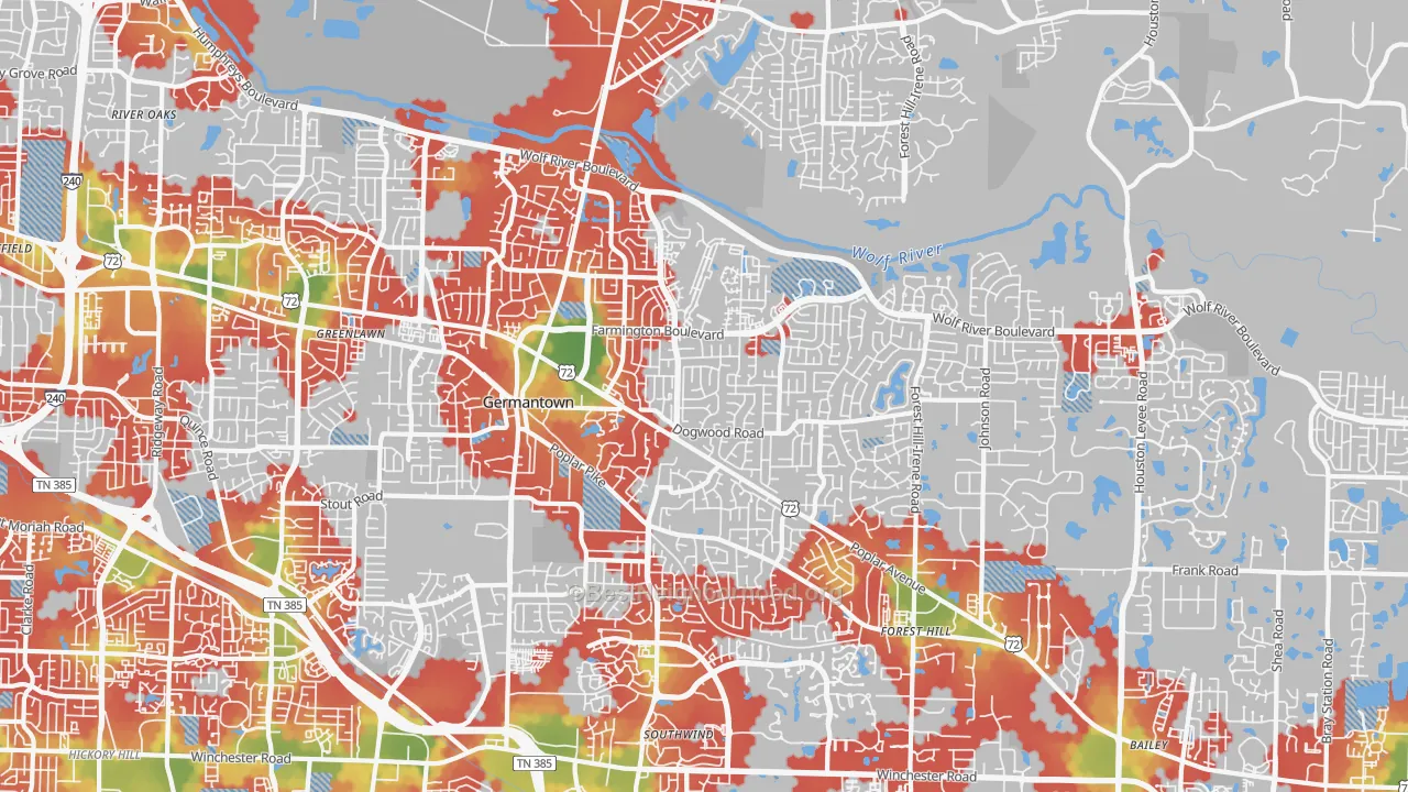 Walk Grade map of Germantown, TN, walkable areas in green and car-dependent areas in red