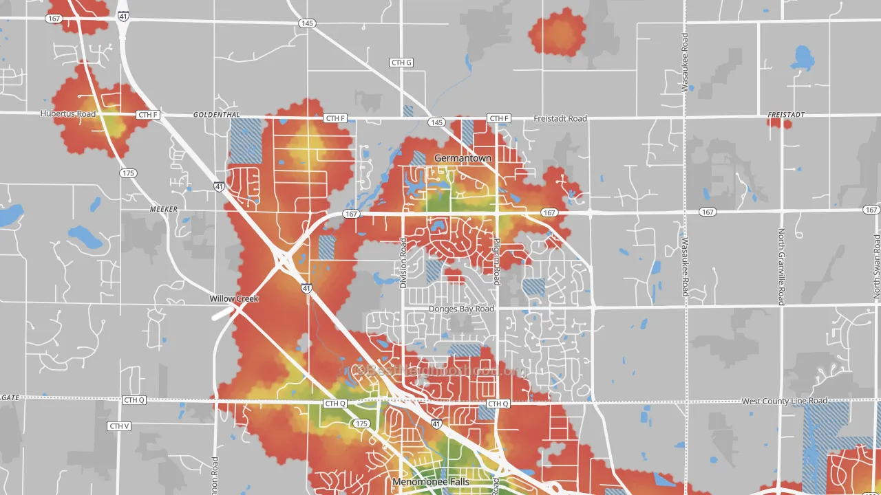Walk Grade map of Germantown, WI, walkable areas in green and car-dependent areas in red