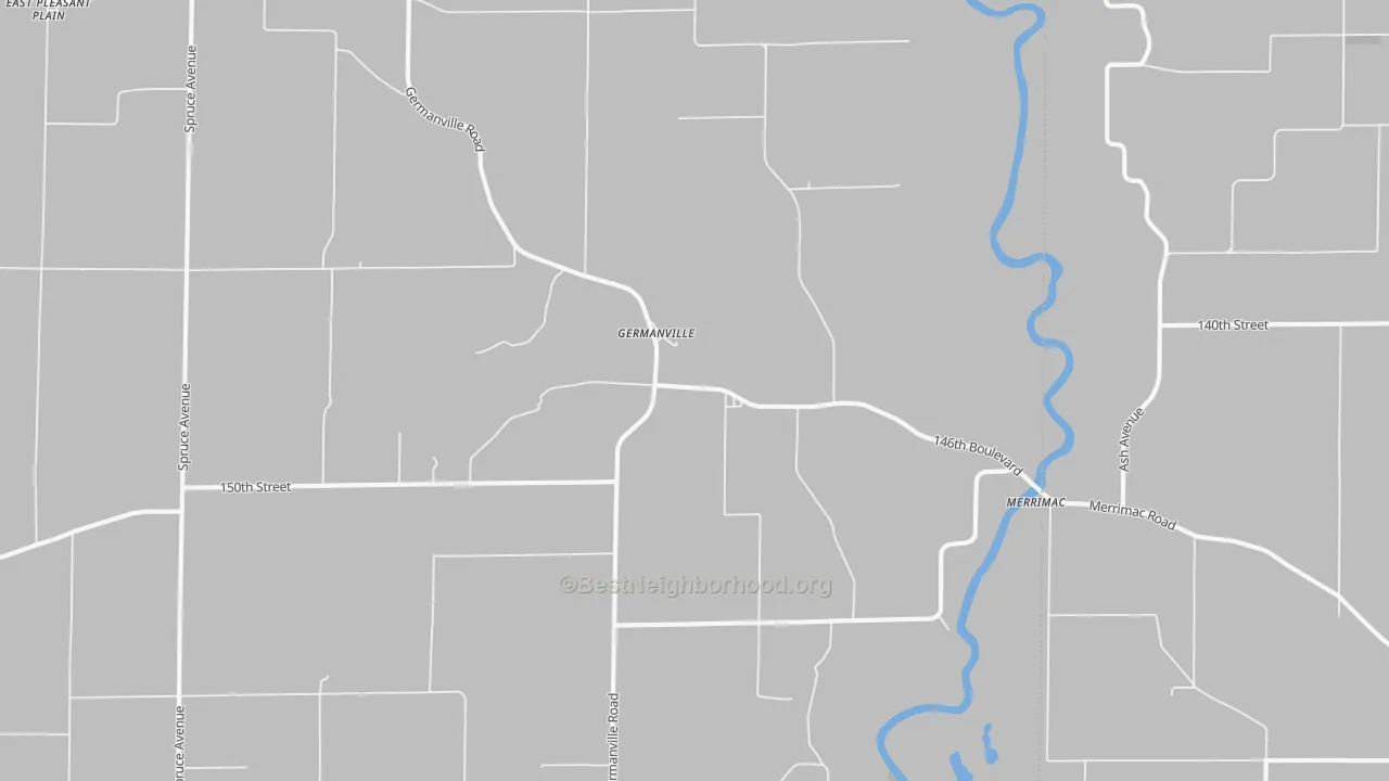 Walk Grade map of Germanville, IA, walkable areas in green and car-dependent areas in red