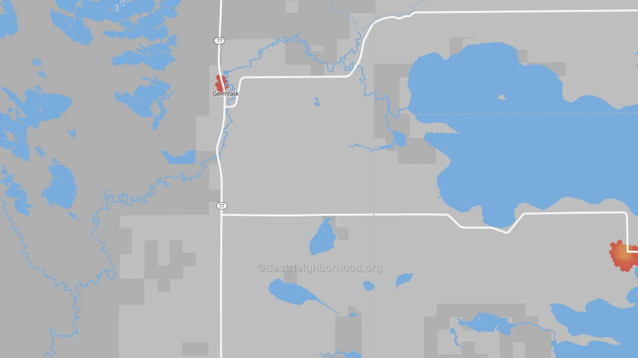 Walk Grade map of Germfask, MI, walkable areas in green and car-dependent areas in red