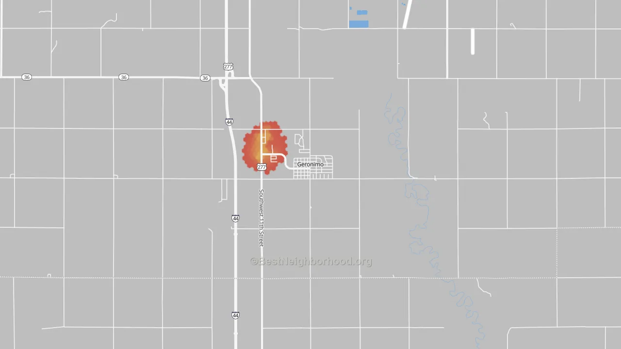 Walk Grade map of Geronimo, OK, walkable areas in green and car-dependent areas in red