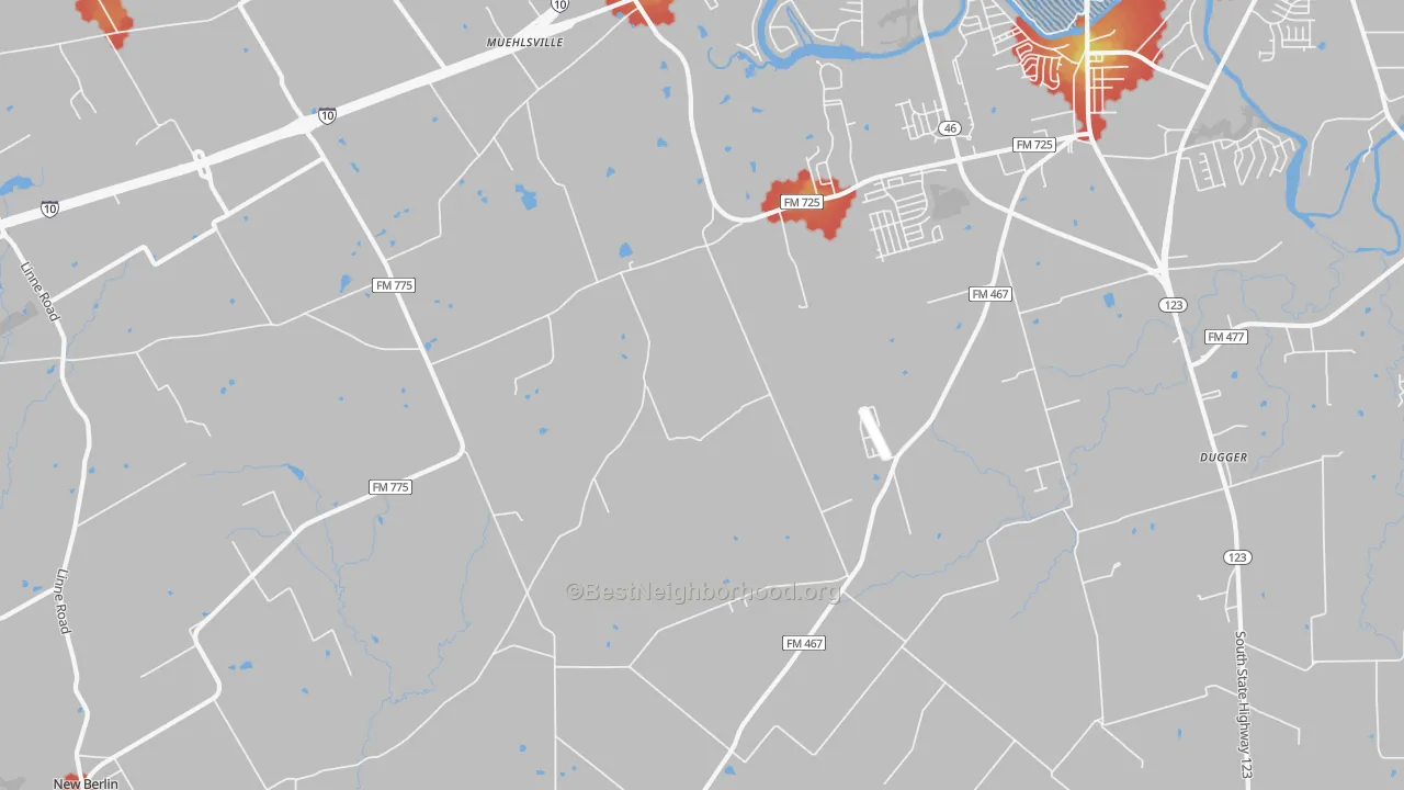 Walk Grade map of Geronimo, TX, walkable areas in green and car-dependent areas in red