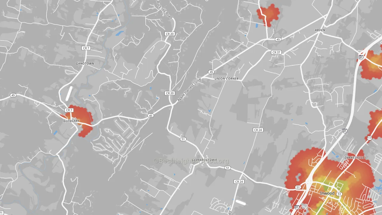Walk Grade map of Gerrardstown, WV, walkable areas in green and car-dependent areas in red