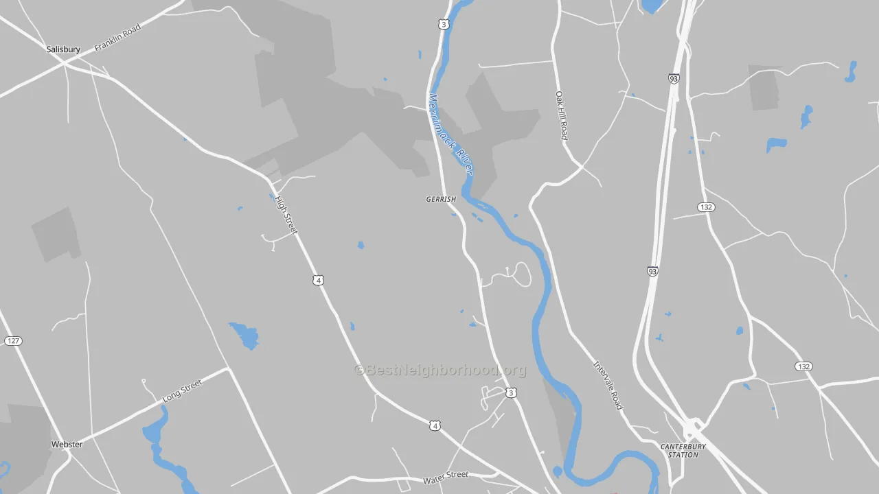 Walk Grade map of Gerrish, NH, walkable areas in green and car-dependent areas in red