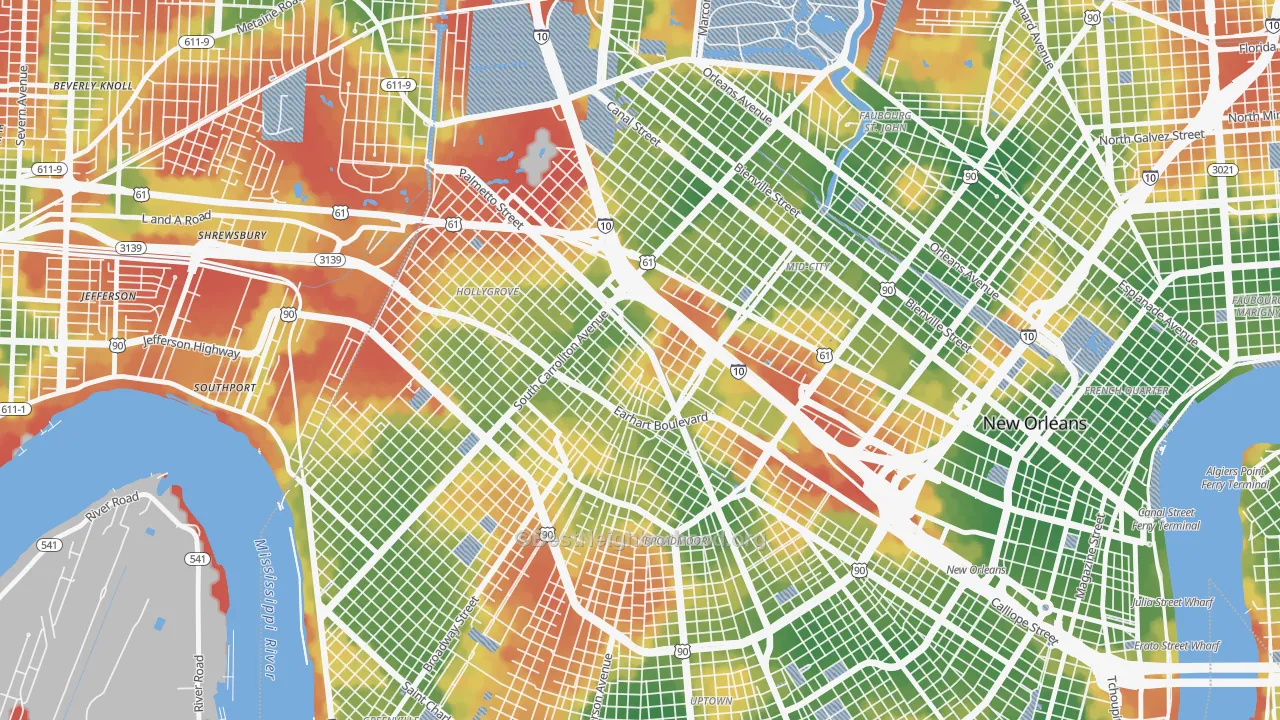 Walk Grade map of Gert Town, New Orleans, LA, walkable areas in green and car-dependent areas in red
