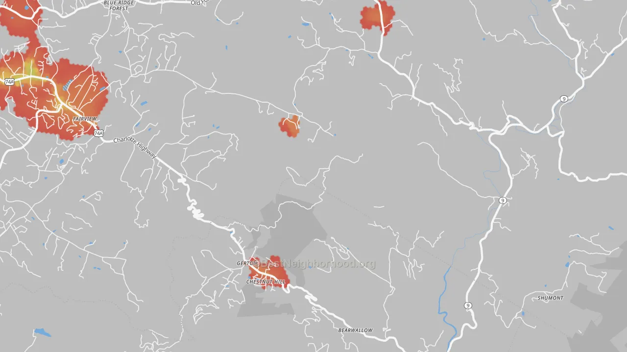 Walk Grade map of Gerton, NC, walkable areas in green and car-dependent areas in red
