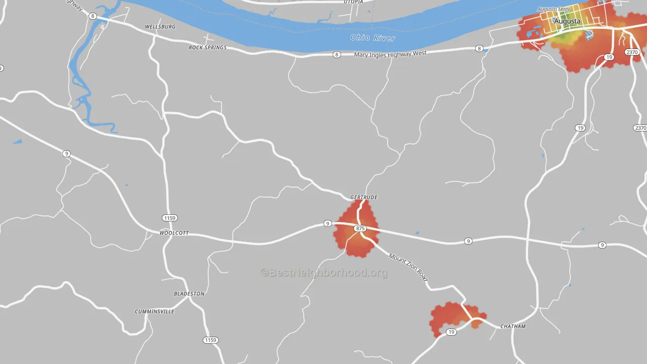 Walk Grade map of Gertrude, KY, walkable areas in green and car-dependent areas in red