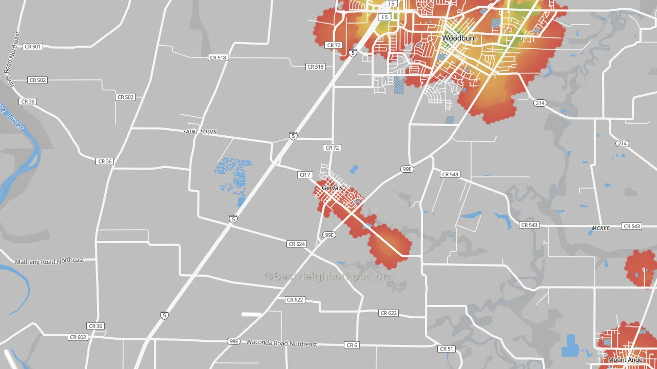 Walk Grade map of Gervais, OR, walkable areas in green and car-dependent areas in red