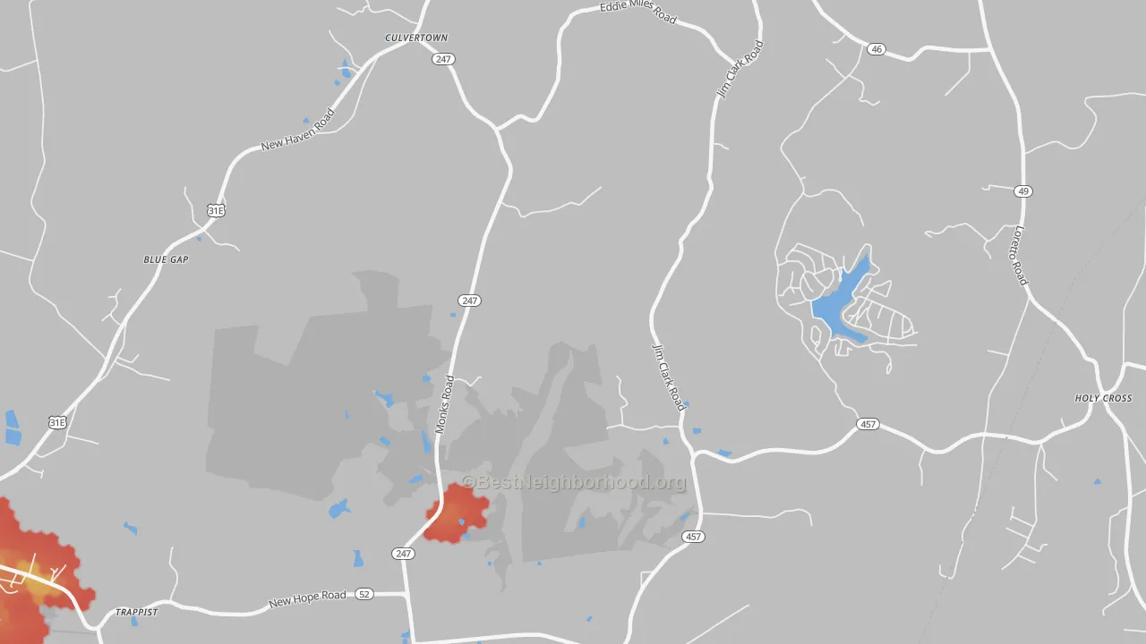 Walk Grade map of Gethsemane, KY, walkable areas in green and car-dependent areas in red