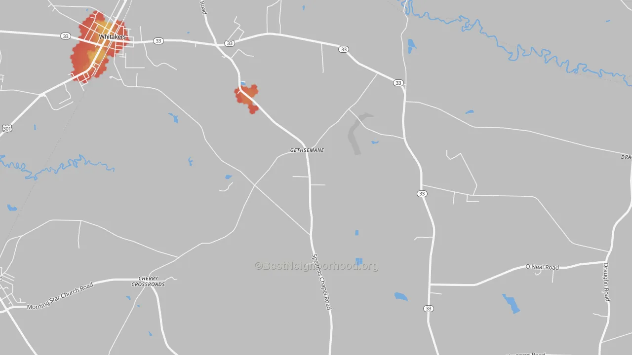 Walk Grade map of Gethsemane, NC, walkable areas in green and car-dependent areas in red