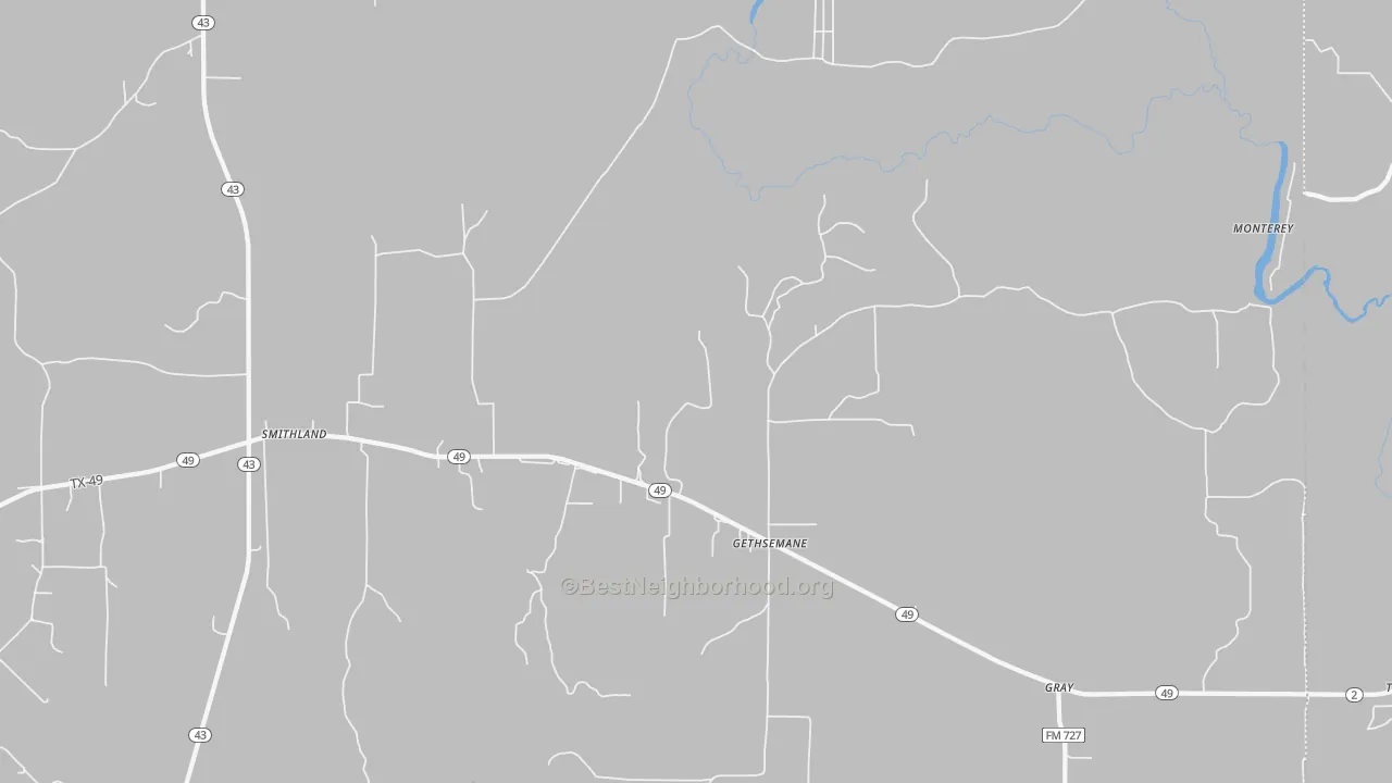 Walk Grade map of Gethsemane, TX, walkable areas in green and car-dependent areas in red