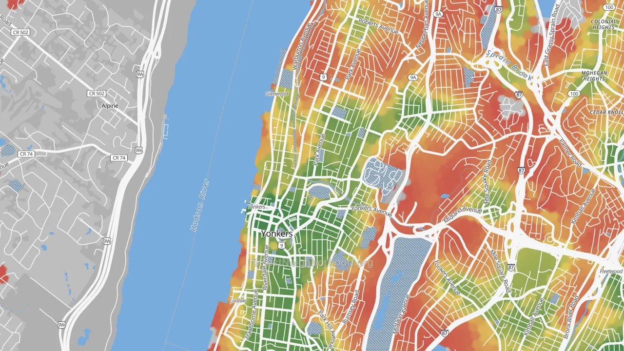Walk Grade map of Getty Square, Yonkers, NY, walkable areas in green and car-dependent areas in red
