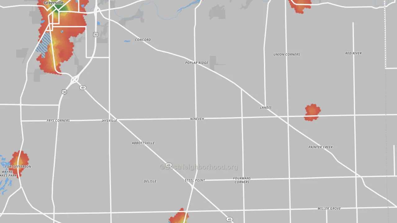 Walk Grade map of Gettysburg, OH, walkable areas in green and car-dependent areas in red