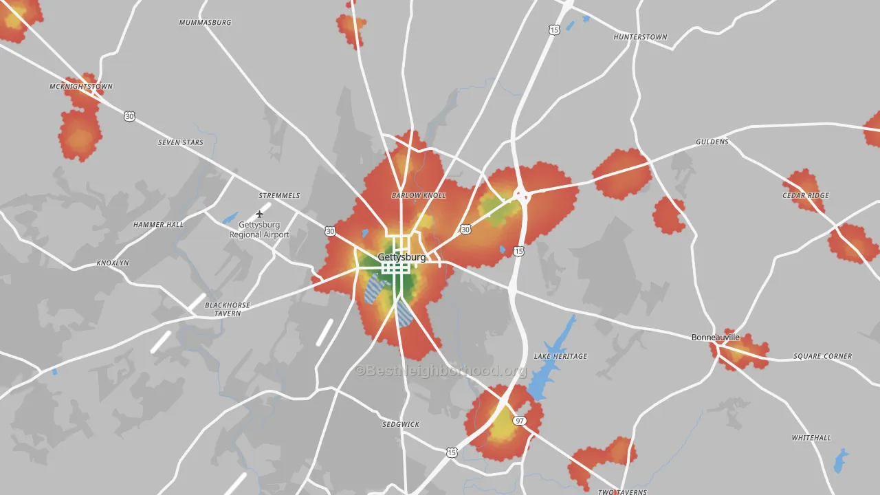 Walk Grade map of Gettysburg, PA, walkable areas in green and car-dependent areas in red