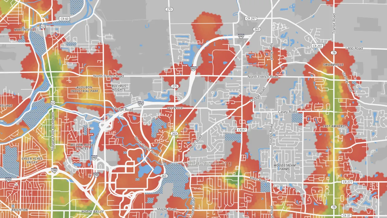 Walk Grade map of Getzville, NY, walkable areas in green and car-dependent areas in red