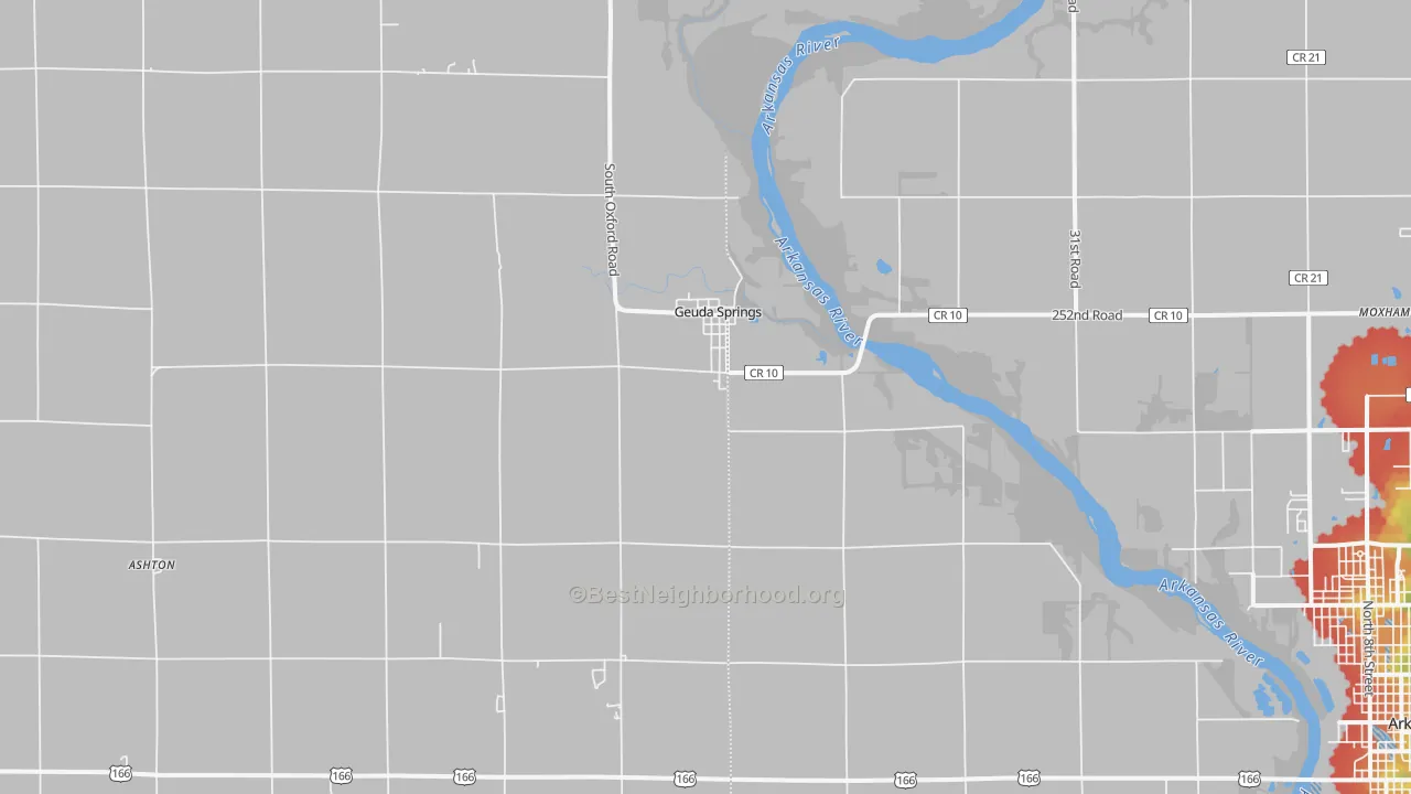 Walk Grade map of Geuda Springs, KS, walkable areas in green and car-dependent areas in red