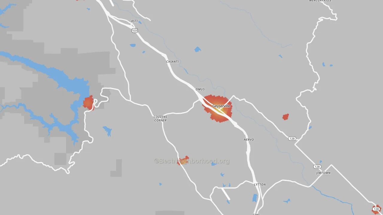 Walk Grade map of Geyserville, CA, walkable areas in green and car-dependent areas in red