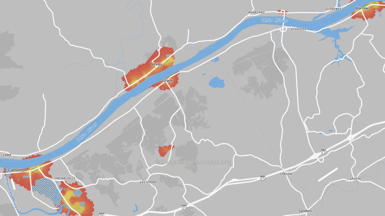 Walk Grade map of Ghent, KY, walkable areas in green and car-dependent areas in red