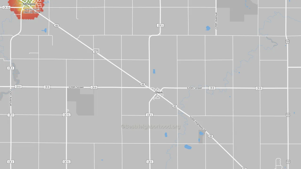 Walk Grade map of Ghent, MN, walkable areas in green and car-dependent areas in red